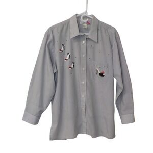 Striped Button Up Shirt Women's Embellished High Heels Lipstick Detail Size L